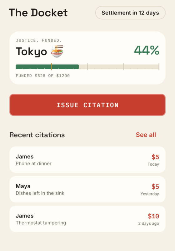 Home screen with the trip fund and recent fines
